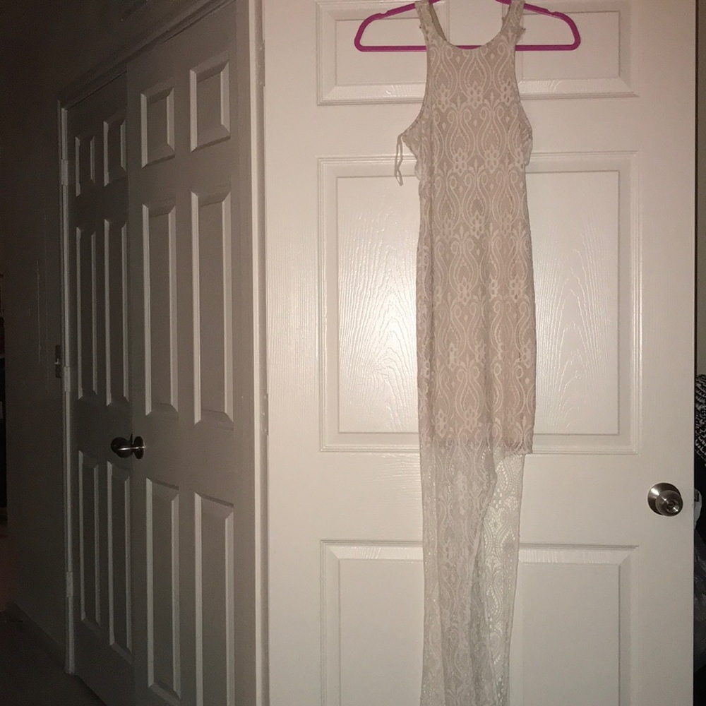 Long White Lace Fitted High Long Dress